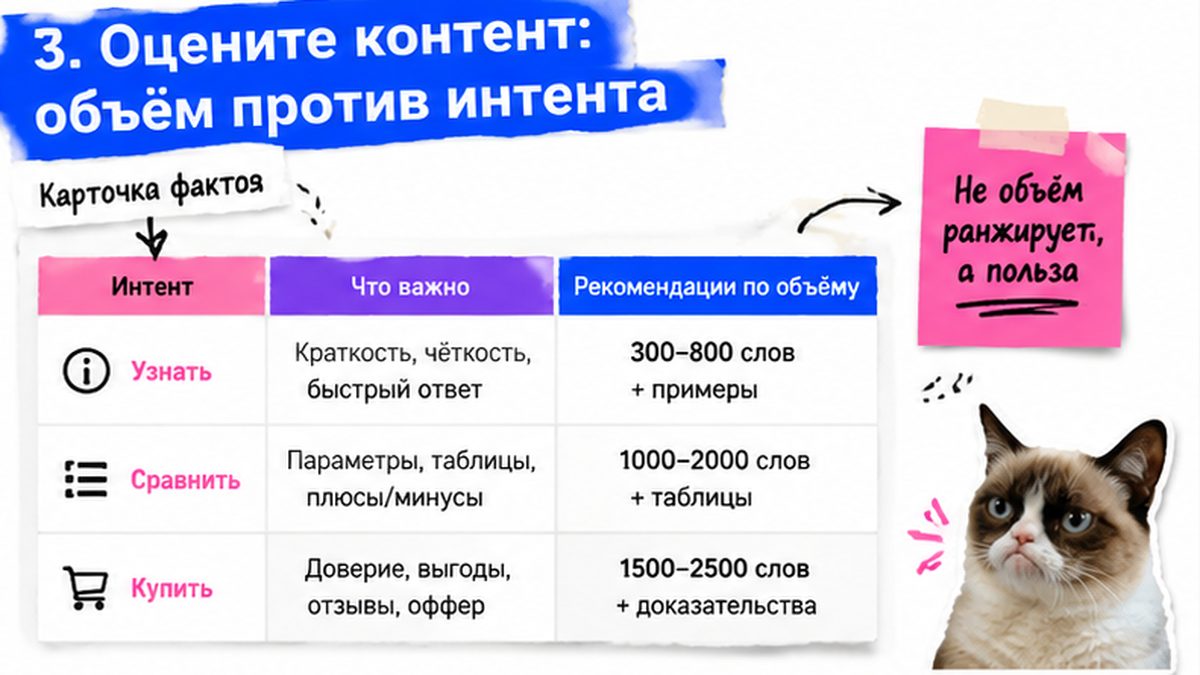 Карточка-инфографика: 3. Оцените контент: объём против интента