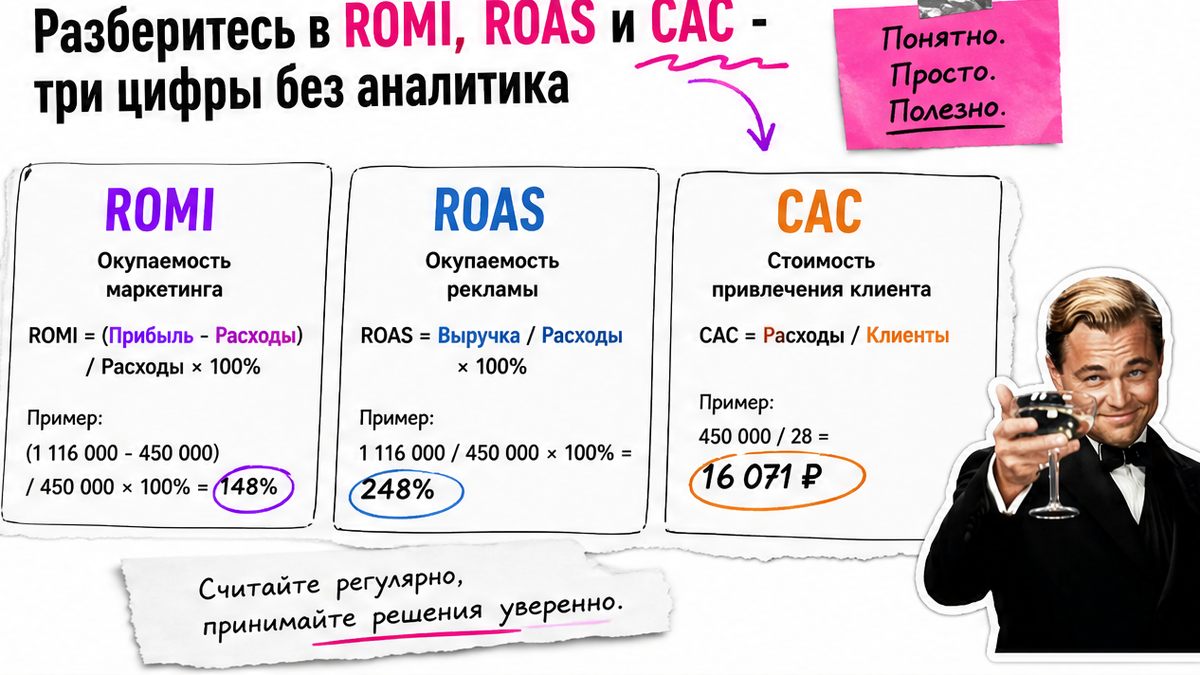 Инфографика: разница ROMI, ROAS и CAC в отчёте агентства