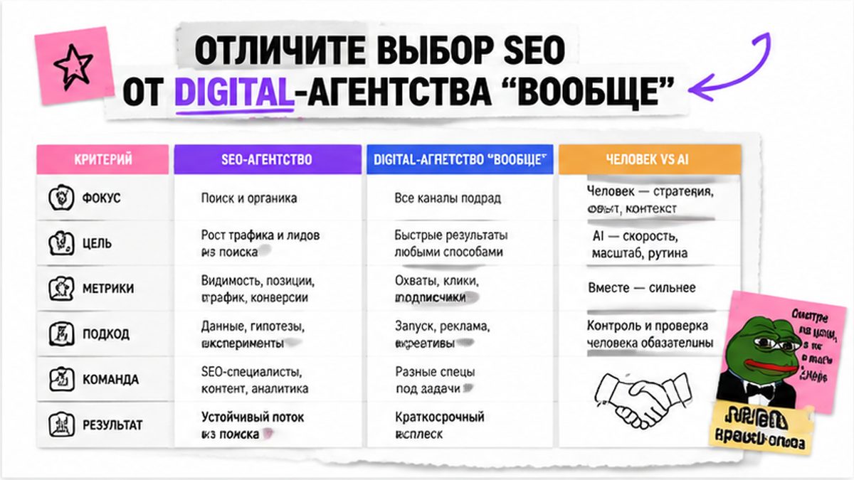 Сравнительная таблица / UI-мокап: Отличите выбор SEO от digital-агентства 
