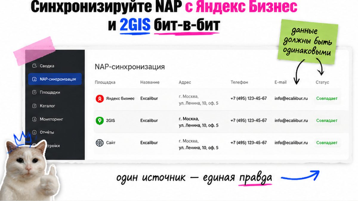 Схема workflow / шаги: Синхронизируйте NAP с Яндекс Бизнес и 2GIS бит-в-бит