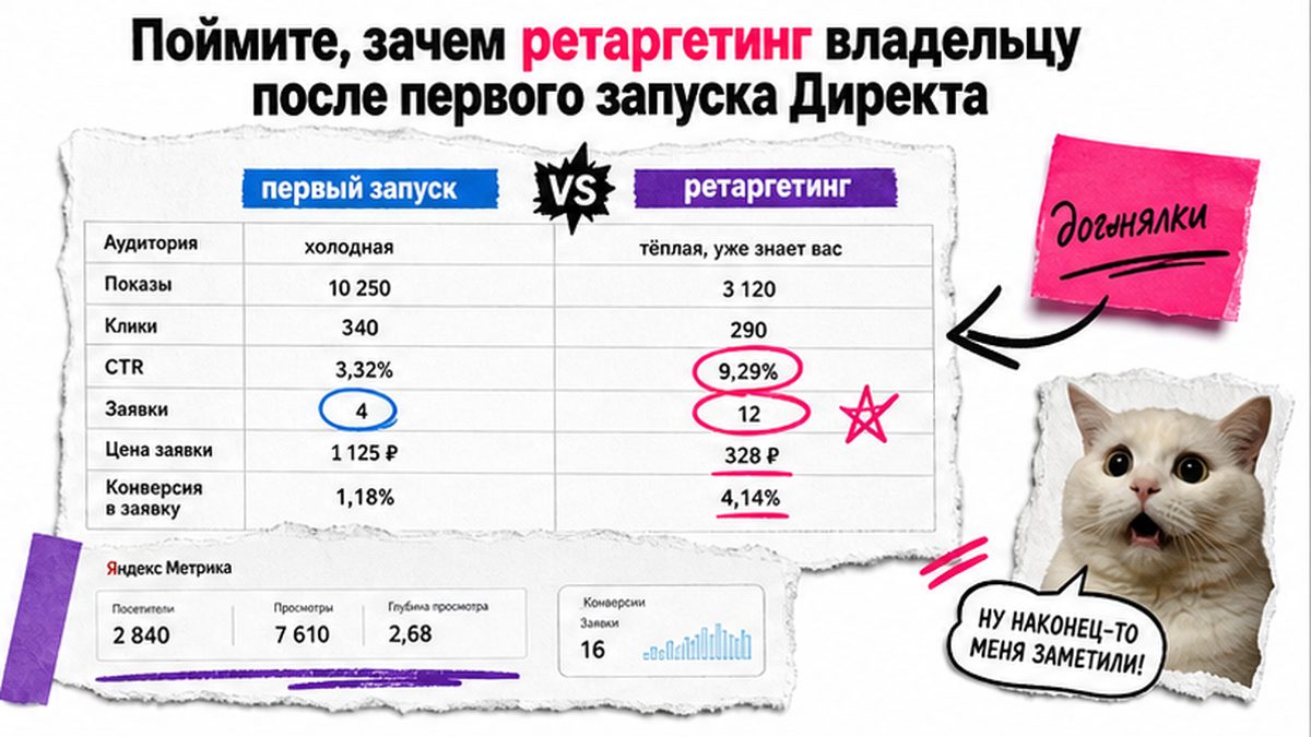 Сравнение: первый запуск Директа и ретаргетинг для владельца — визиты, заявки, бюджет