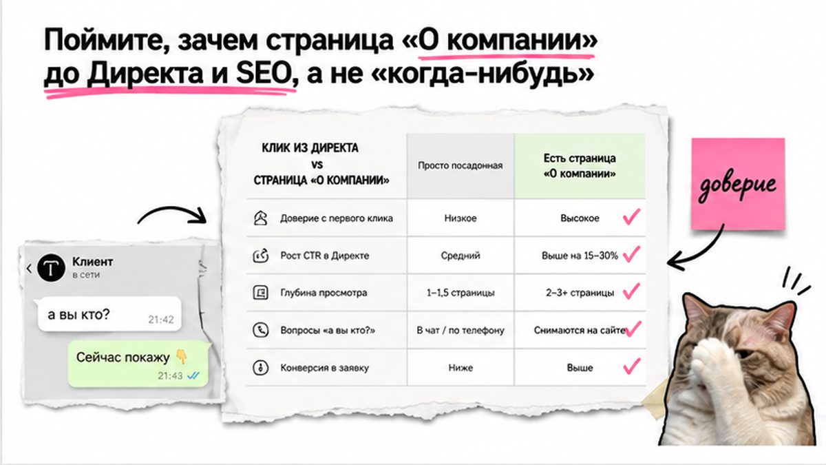 Сравнительная таблица / UI-мокап: Поймите, зачем страница «О компании» до Директа и SEO, а не «когда-нибудь»