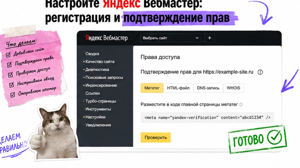Скриншот инструмента: Настройте Яндекс Вебмастер: регистрация и подтверждение прав