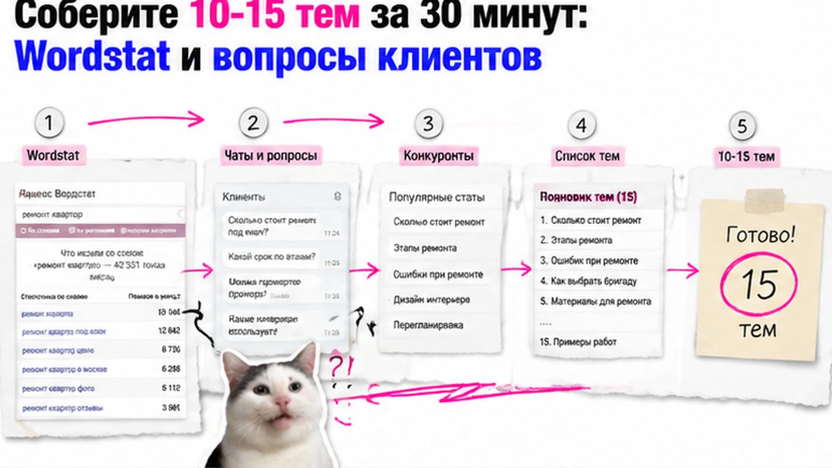 Схема сбора 10-15 тем за 30 минут: Wordstat, вопросы клиентов и конкуренты