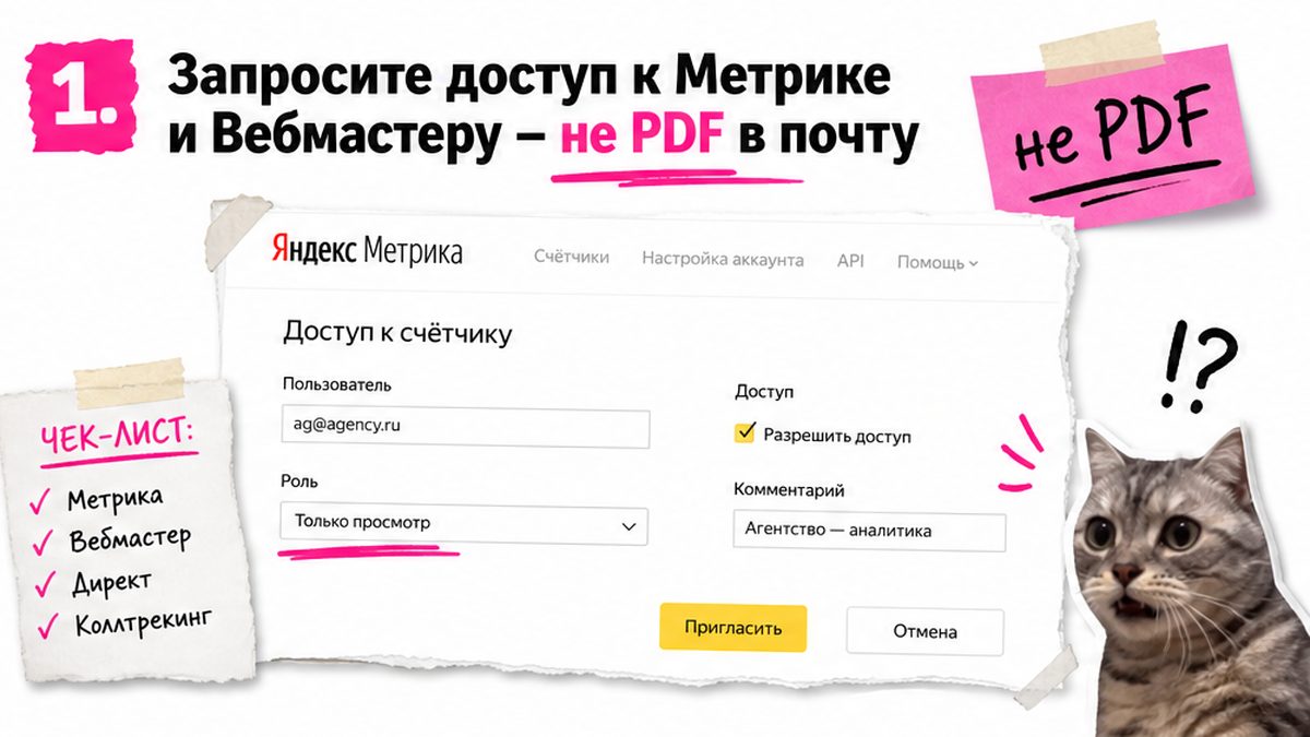 Скрин интерфейса Метрики: запрос viewer-доступа вместо PDF-отчёта