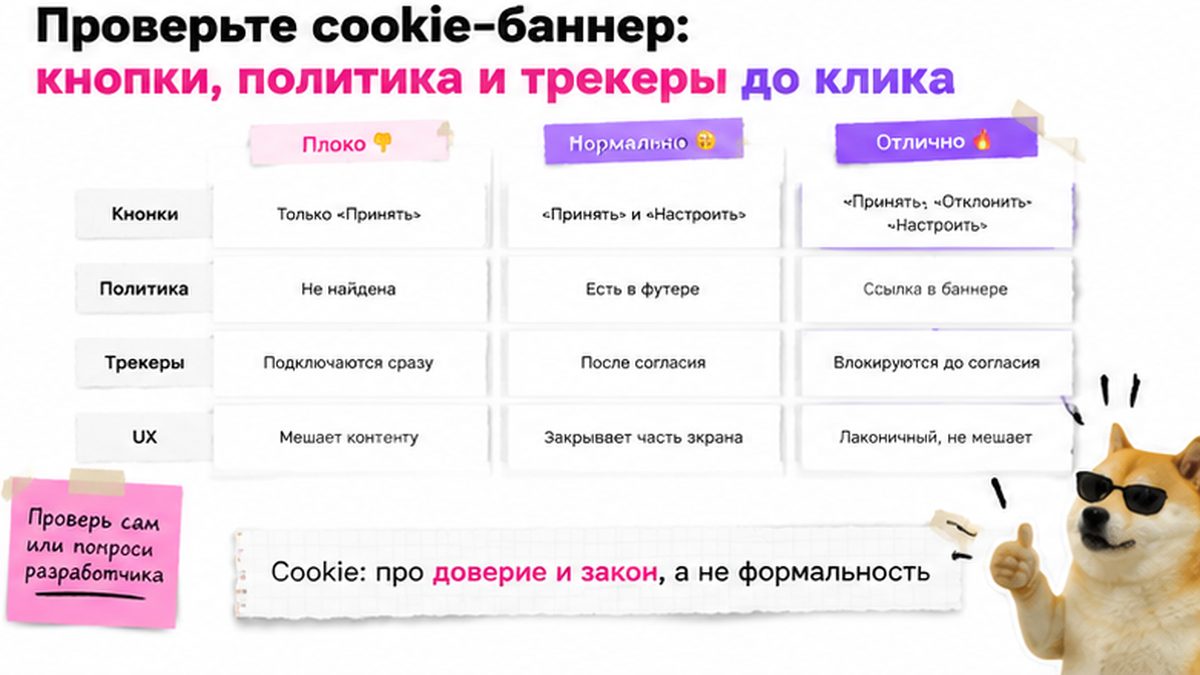 Чек-лист cookie-баннера: Принять, Отклонить, DevTools Network