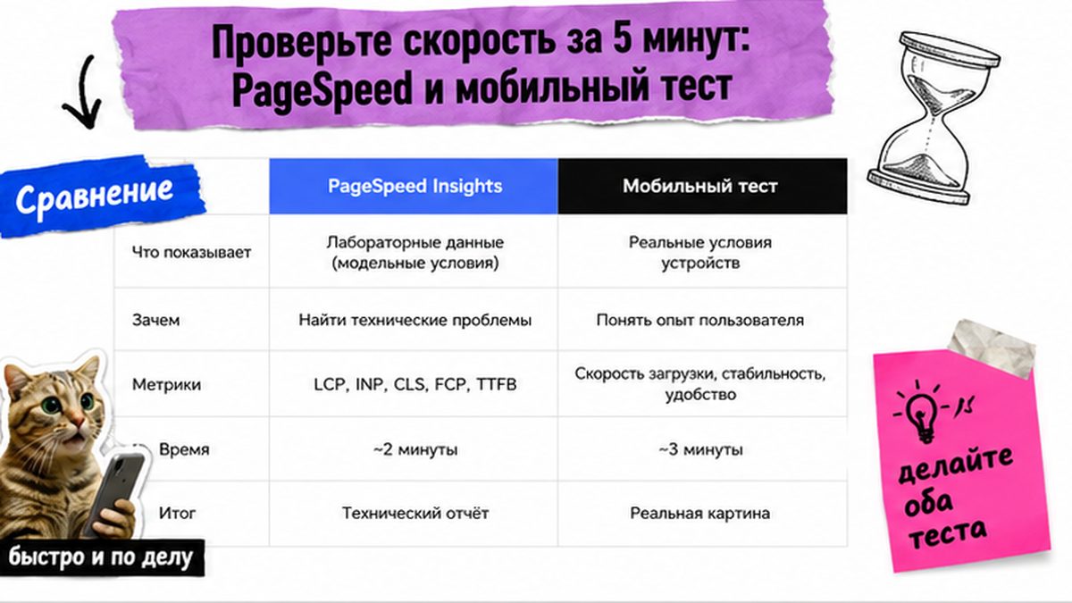 Чек-лист проверки скорости: PageSpeed Insights и тест с телефона