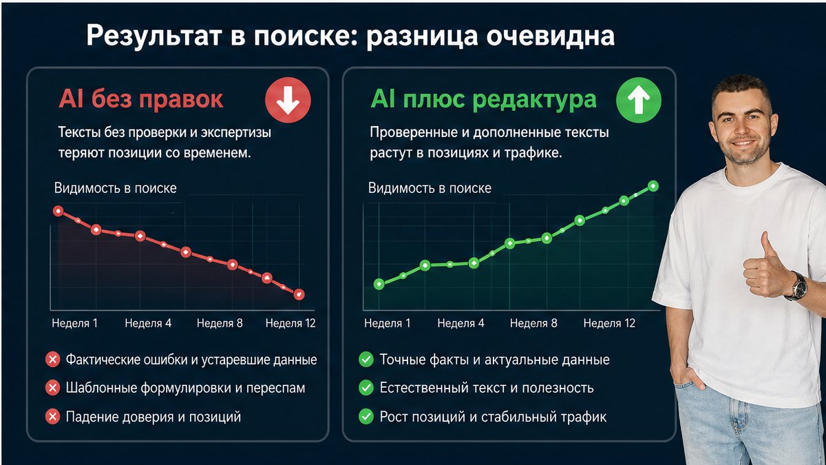 Результат в поиске - AI без правок против AI с редактурой