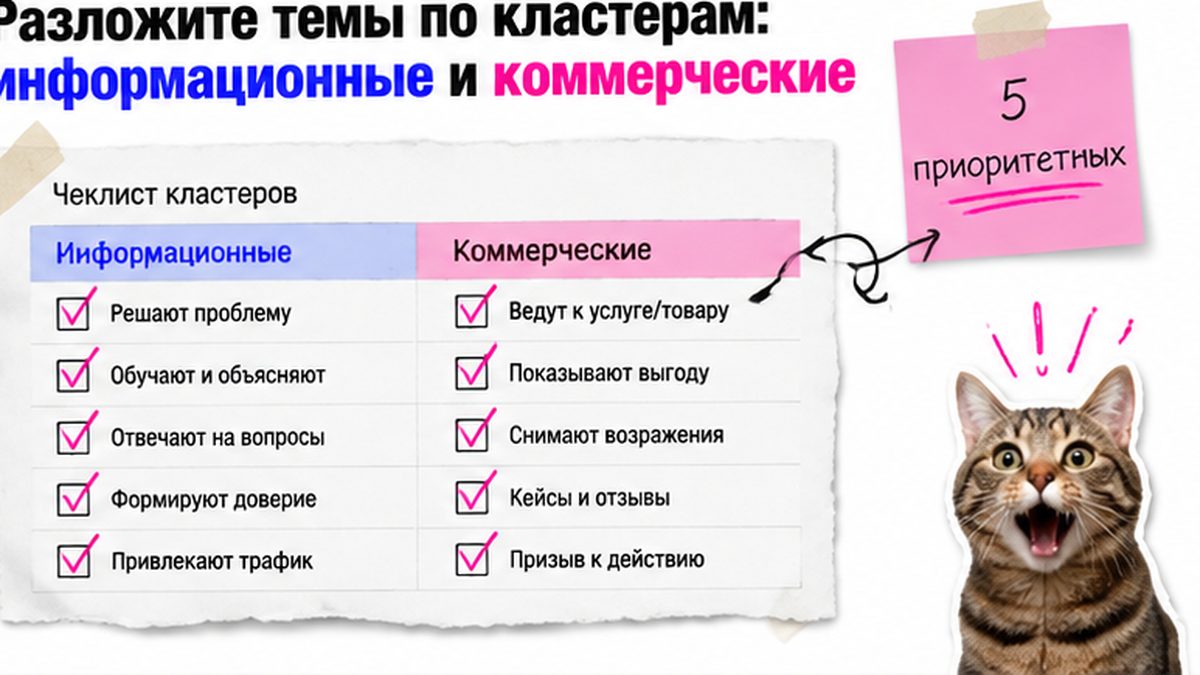 Чеклист кластеров: информационные и коммерческие темы для SEO-блога