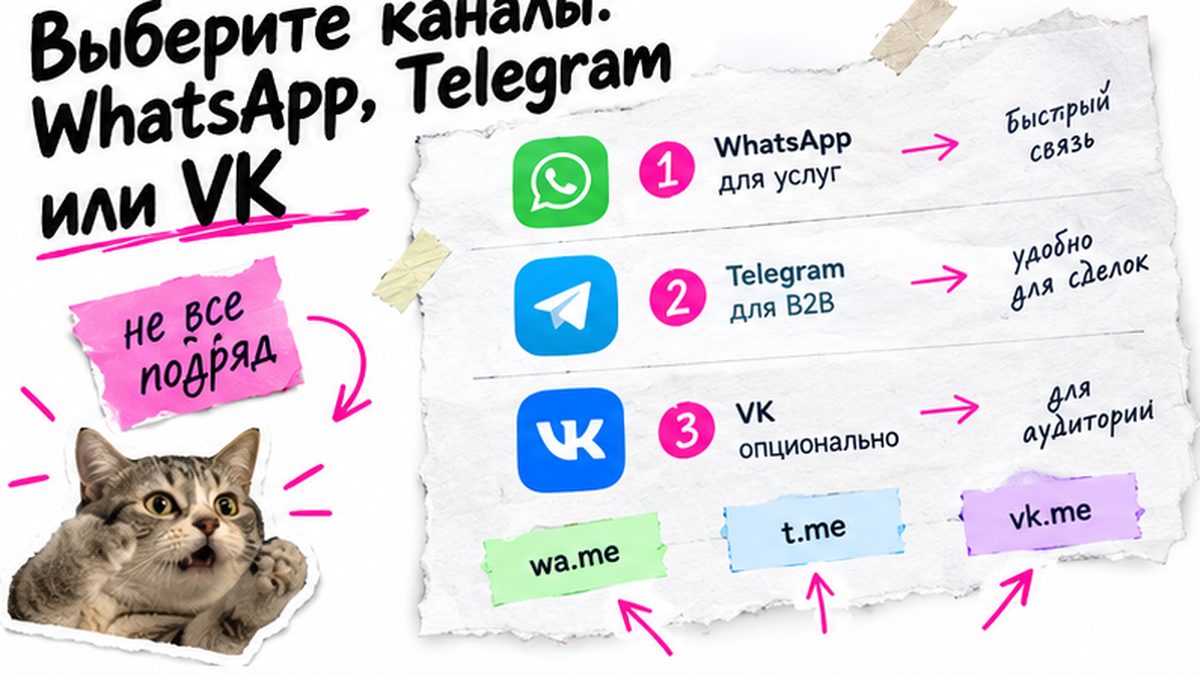 Workflow выбора каналов мессенджеров: WhatsApp, Telegram и VK для сайта