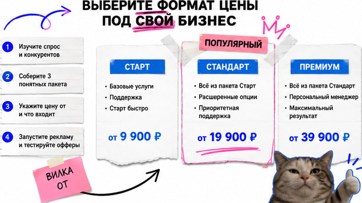 Три пакета услуг с ценами от на странице прайса сайта