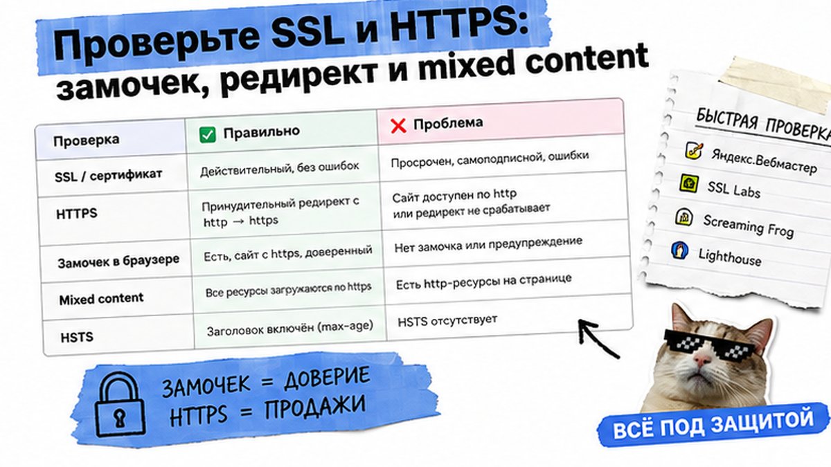 Чек-лист HTTPS: замочек, редирект http на https, mixed content