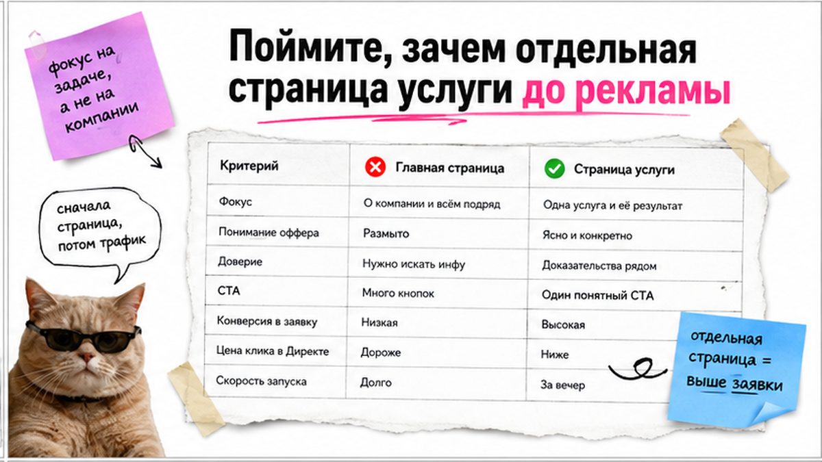 Страница услуги на сайте влияет на конверсию из Яндекс Директа