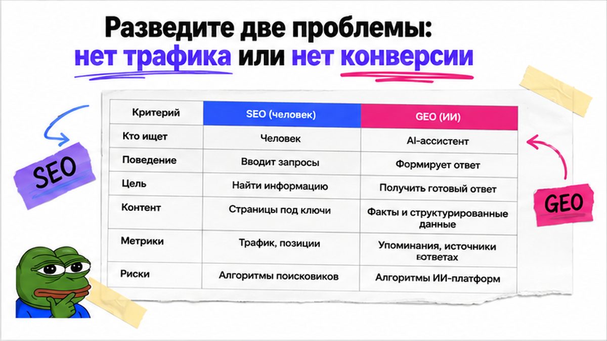 Сравнительная таблица / UI-мокап: Разведите две проблемы: нет трафика или нет конверсии