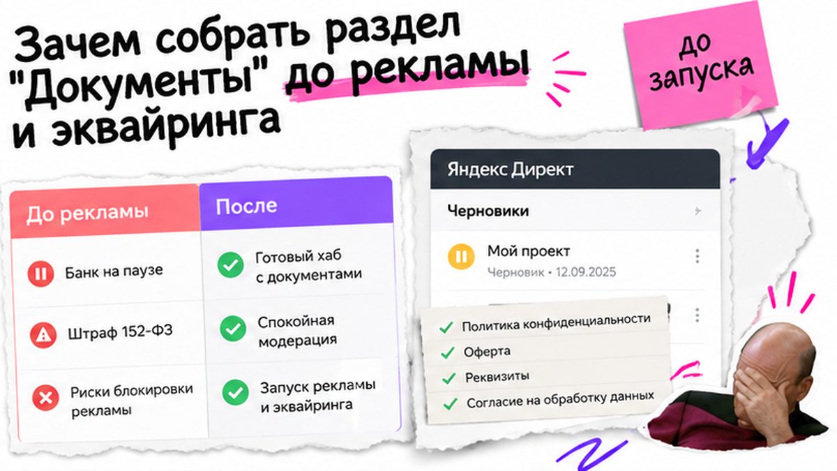 Сравнение: сайт без раздела Документы — пауза банка и штраф; с хабом — готов к рекламе
