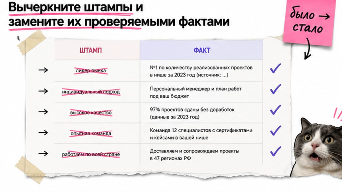Чеклист / printable board: Вычеркните штампы и замените их проверяемыми фактами