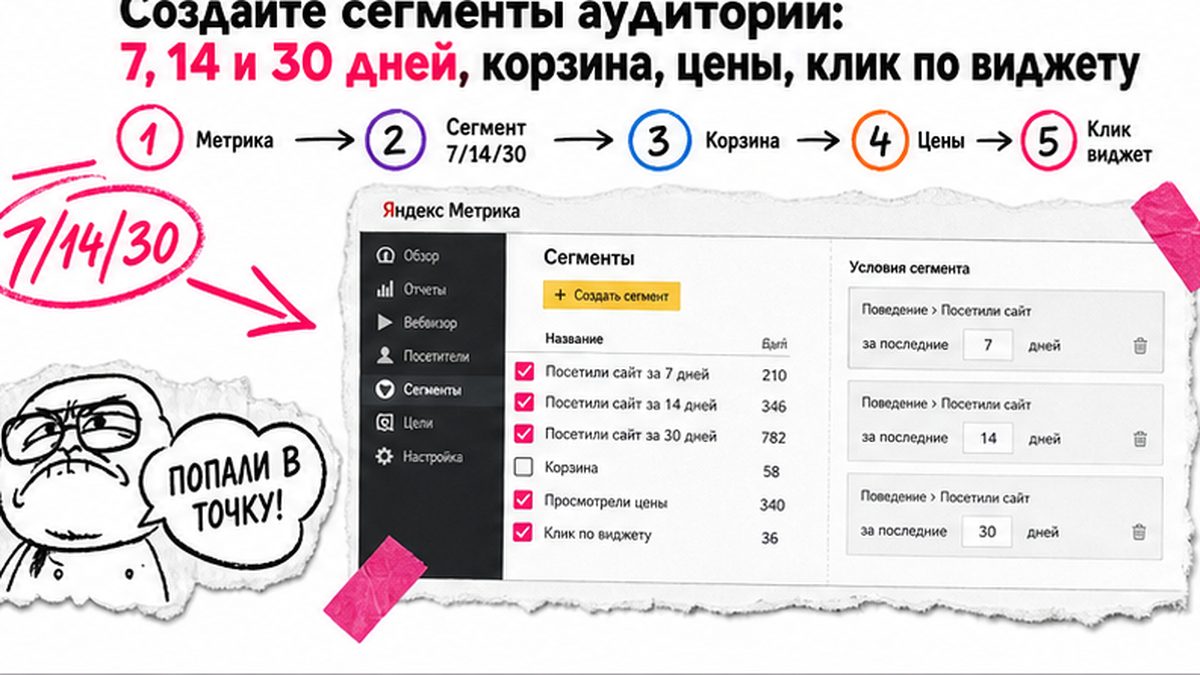Схема сегментов ретаргетинга: 7, 14 и 30 дней, корзина, цены, клик по виджету звонка