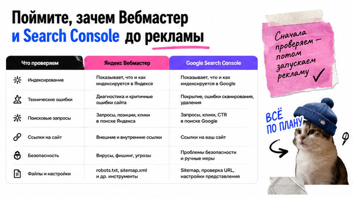 Сравнительная таблица / UI-мокап: Поймите, зачем Вебмастер и Search Console до рекламы