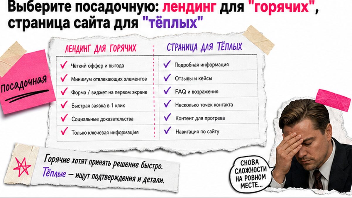 Чеклист выбора посадочной: лендинг для горячих, страница сайта для тёплых аудиторий