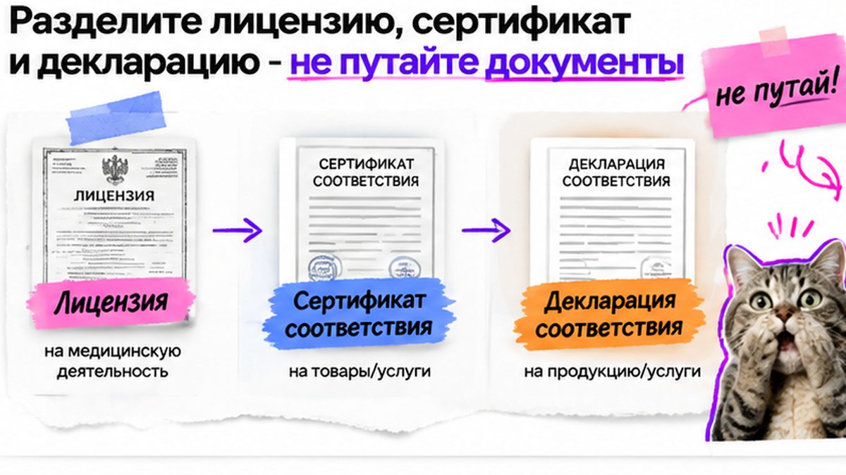 Схема workflow: разница между лицензией, сертификатом и декларацией