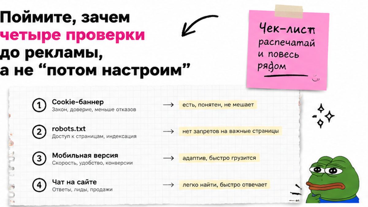Четыре стикеры: cookie, robots, мобилка, чат - техническая готовность сайта