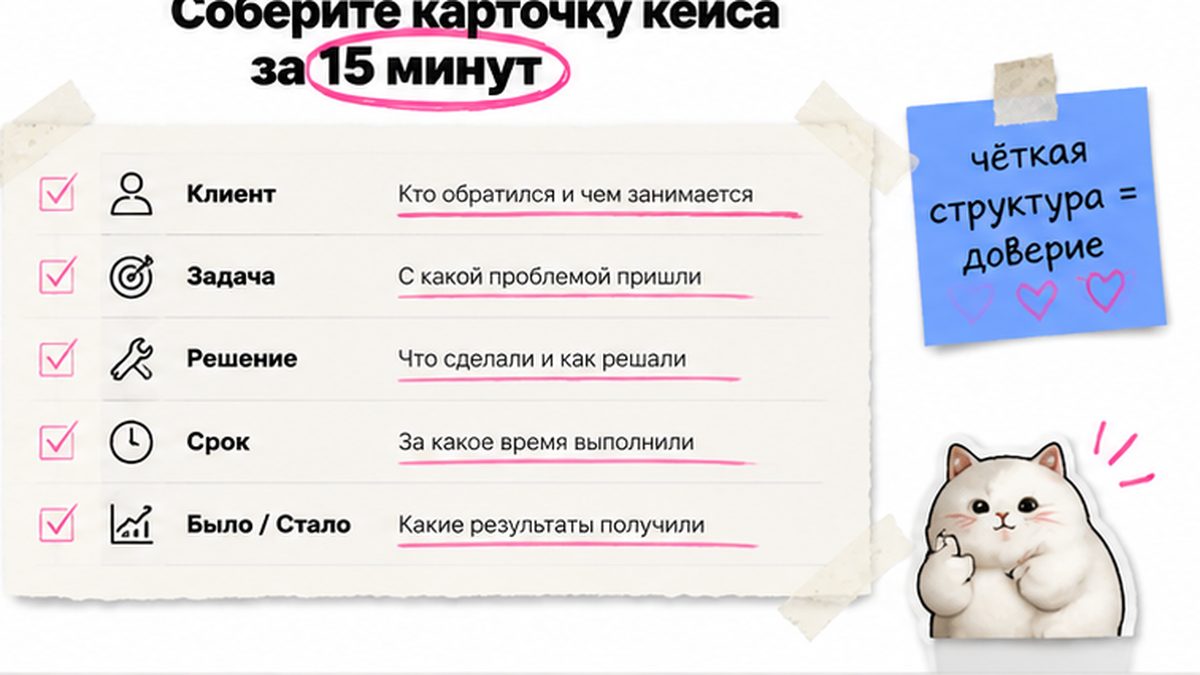 Чеклист карточки кейса за 15 минут: клиент, задача, решение, цифры