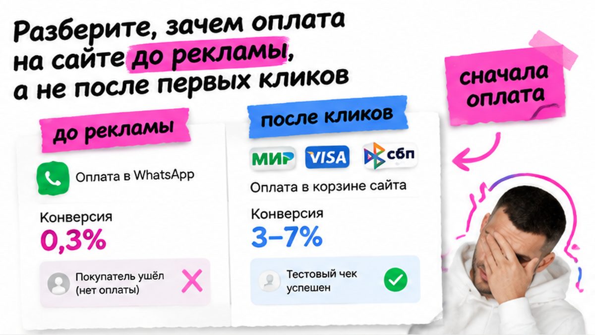 Сравнение: магазин с оплатой в WhatsApp против оплаты картами и СБП в корзине