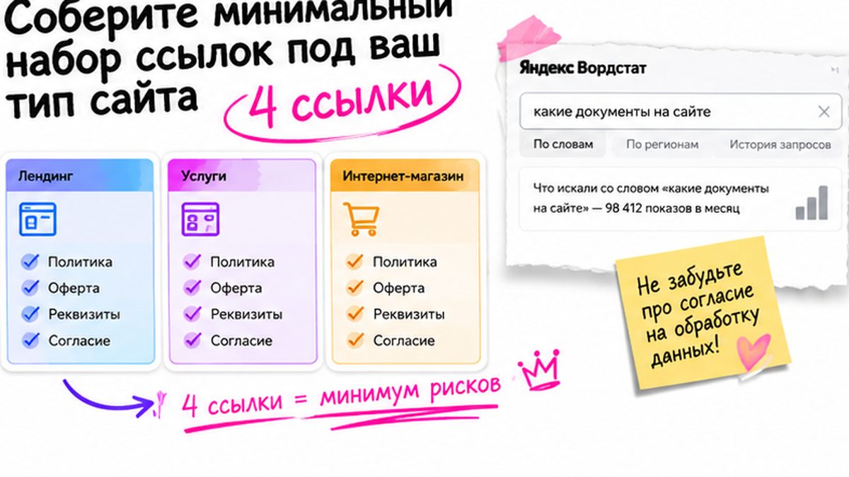 Workflow: минимальный набор юридических ссылок для лендинга, услуг и интернет-магазина
