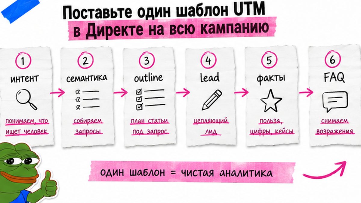 Схема workflow / шаги: Поставьте один шаблон UTM в Директе на всю кампанию