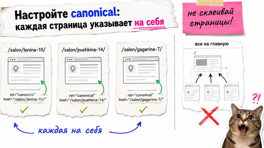 Схема canonical для филиалов: каждая страница указывает на себя, не на главную