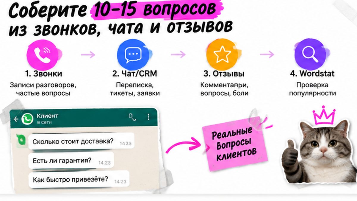 Схема сбора 10-15 вопросов из звонков, чата и отзывов для FAQ