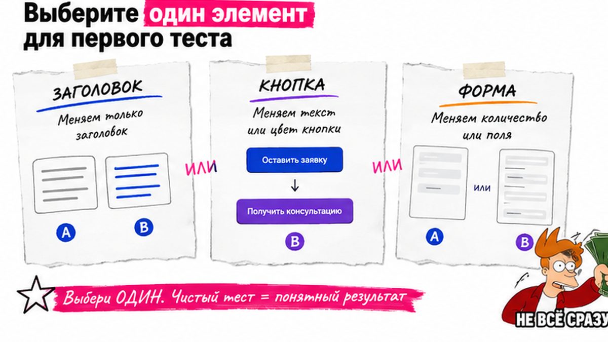 Три зоны теста: заголовок, кнопка CTA, форма заявки
