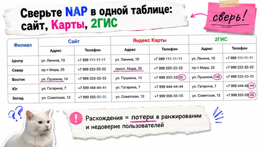 Таблица сверки NAP: сайт, Яндекс Карты и 2ГИС — расхождения адресов и телефонов