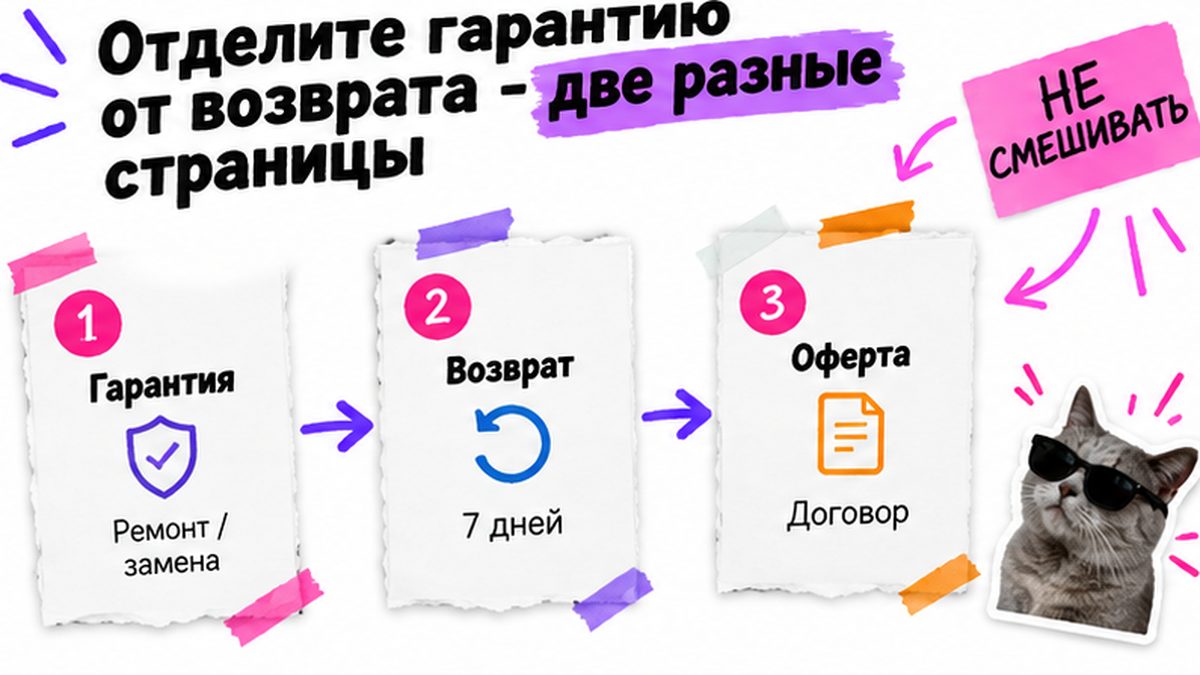 Схема workflow: три разные страницы — гарантия, возврат и оферта