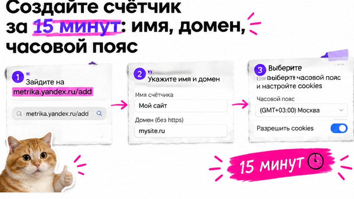 Workflow создания счётчика Яндекс Метрики: имя, домен и часовой пояс за 15 минут