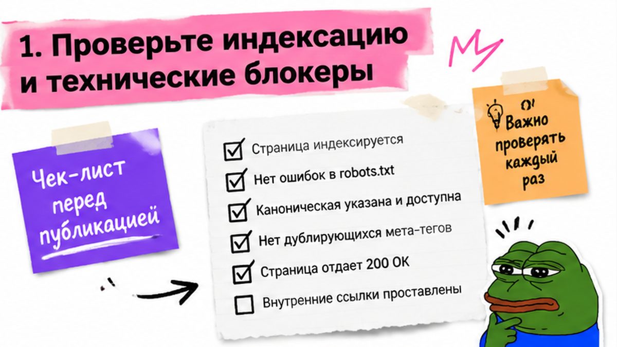 Чеклист / printable board: 1. Проверьте индексацию и технические блокеры