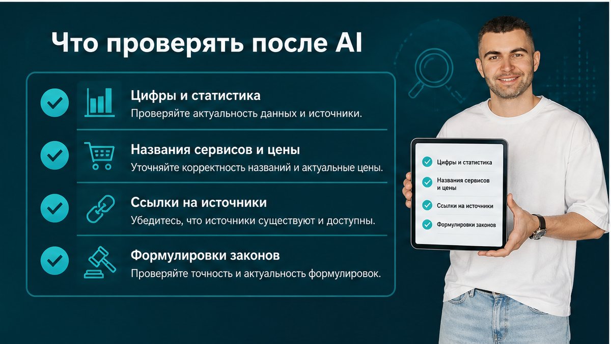 Чек-лист что проверять после AI - цифры, сервисы, ссылки, законы