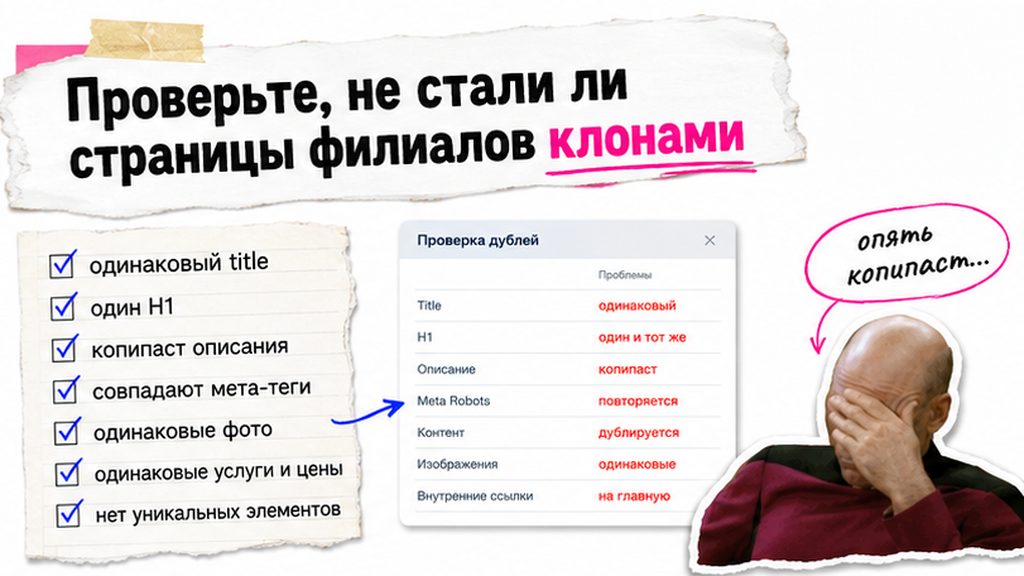 Чеклист проверки клонов страниц филиалов: одинаковые title, H1 и описания