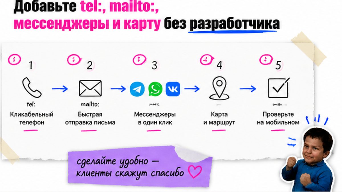 Чеклист / printable board: Добавьте tel:, mailto:, мессенджеры и карту без разработчика