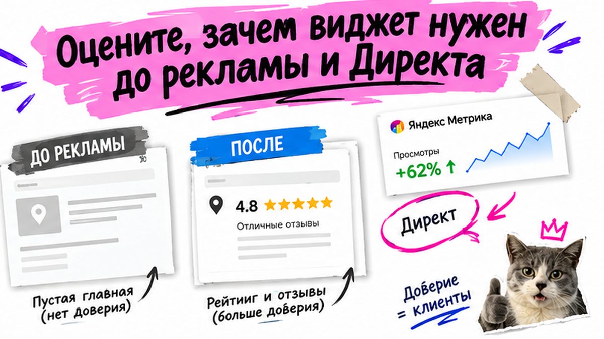 Сравнение: сайт без виджета отзывов и с рейтингом перед запуском Яндекс Директа