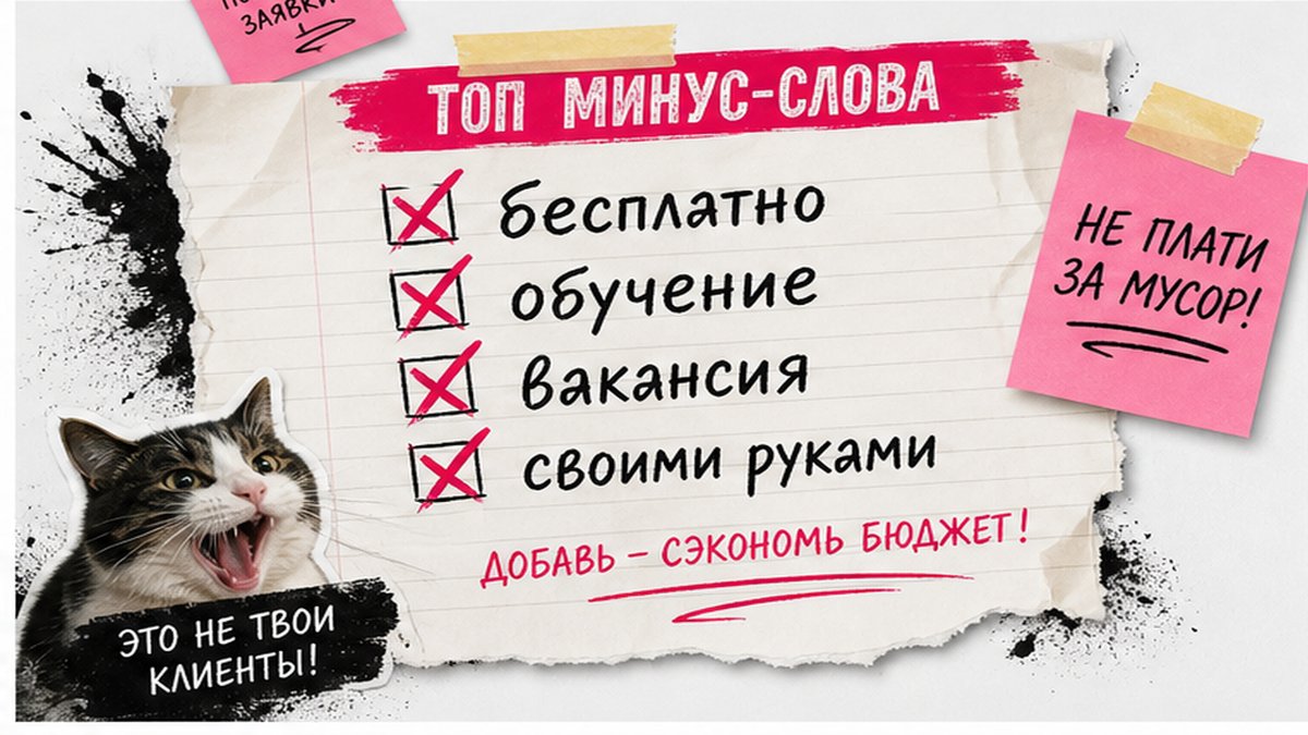 Чеклист стартовых минус-слов: бесплатно, обучение, вакансия